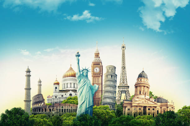 illustrazione di viaggio monumenti famosi del mondo e destinazioni turistiche elementi in sfondo colorato. illustrazione 3d. - american holiday foto e immagini stock