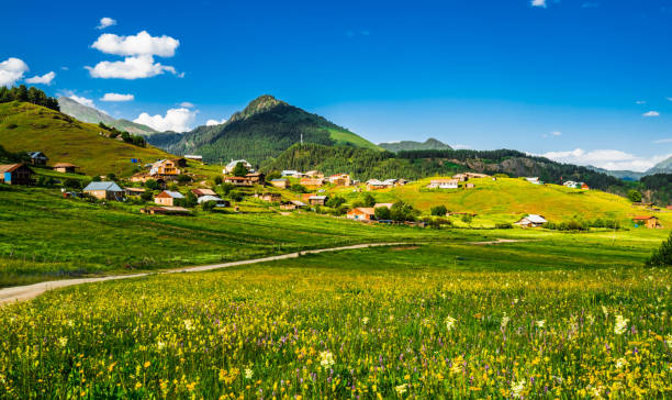 view on scenic landscape of tusheti village omalo, georgia - tusheti imagens e fotografias de stock