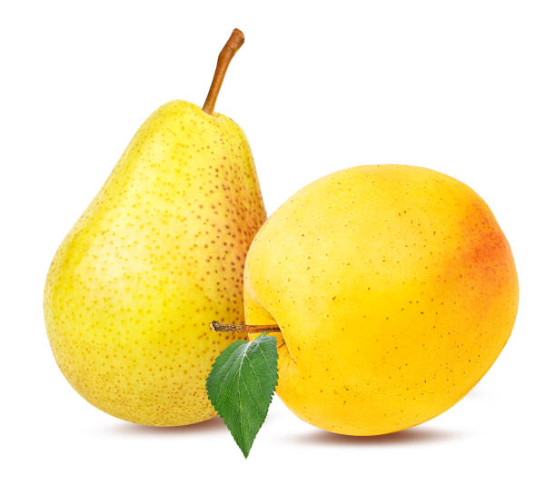 istock Yellow apple and pear with leaf isolated on white background with clipping path 1131878518