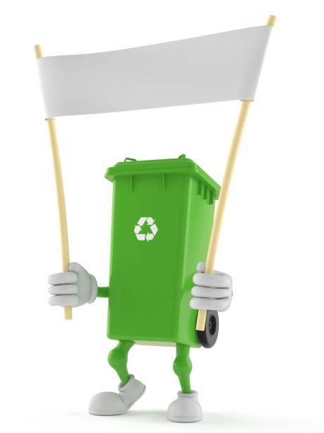 istock Dustbin character holding blank banner 1131879226