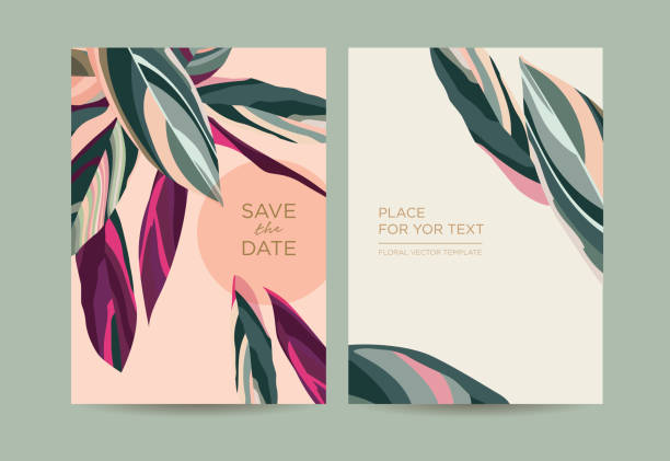 zaproszenie w nowoczesnym stylu. ręcznie rysowane liście tropikalne na różowym tle. - computer graphic leaf pink design stock illustrations