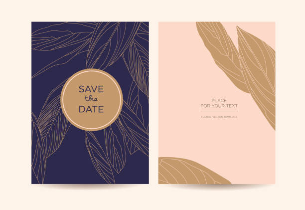 Modern elegant invitation. Golden graphic flowers on a dark blue background. Vector template for design of wedding invitations, restaurant menu or spa. spa stock illustrations