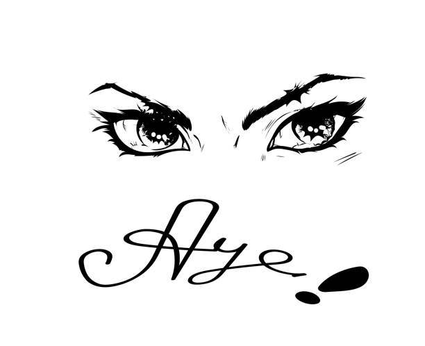 положительным утверждением является слово aye, оно нарисовано вручную с восклицательным знаком, сверху блестящие женские глаза. - directly below looking women human head stock illustrations