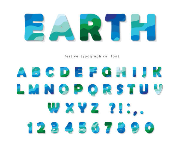 istock Earth landscape modern font. Blue and green ABC letters and numbers isolated on white. Creative alphabet for environment, ecology, travel design. Vector 1131889317