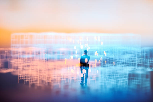 istock Abstract businessman in VR environment 1131890734