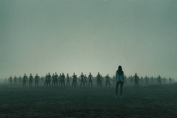 istock Young woman against zombie hordes 1131891930