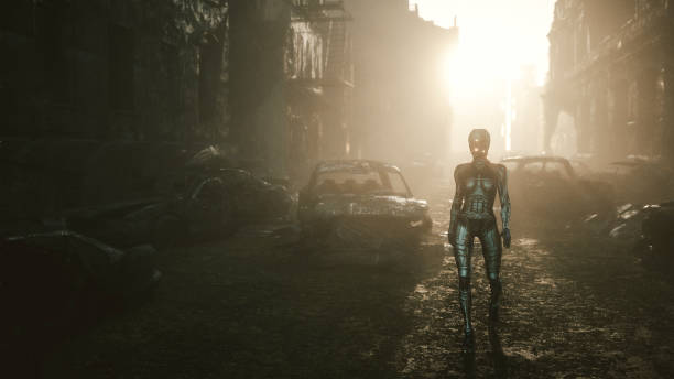 istock Cyborg walking in post apocalypse ruined city 1131891939