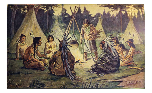 ilustraciones, imágenes clip art, dibujos animados e iconos de stock de ilustraciones indias nativas americanas-grupo reunido cerca de fuego por tipis-ilustración - native american illustrations