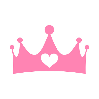 Vector illustration of a pink girly princess crown with the heart emblem isolated on white background. Vector.