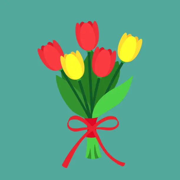 Vector illustration of Beautiful bouquet of colorful spring tulips, daffodils with a bow.
