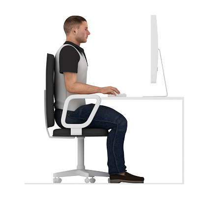 Guidance ergonomics. Proper posture to sit and work on office desk, with footrest.