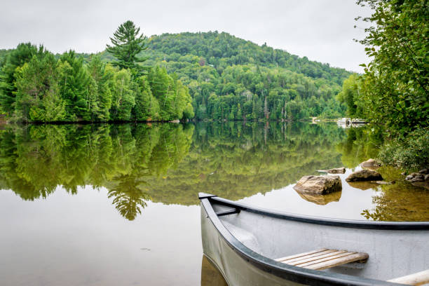 Peaceful fishing lake with mountain range