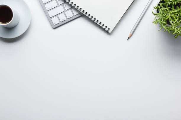 istock Office desk table with supplies. Flat lay Business workplace and objects. Top view. Copy space for text 1131898015