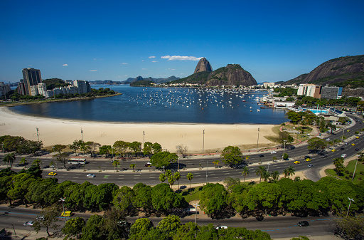 Exotic mountains. Famous mountains. Mountain of the Sugar Loaf in Rio de Janeiro, Brazil South America. Panoramic view of boats and yachts in the marina.