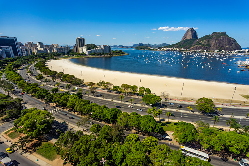 Exotic mountains. Famous mountains. Mountain of the Sugar Loaf in Rio de Janeiro, Brazil South America. Panoramic view of boats and yachts in the marina.