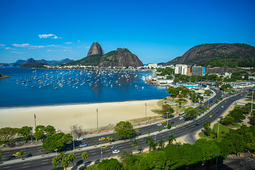 Exotic mountains. Famous mountains. Mountain of the Sugar Loaf in Rio de Janeiro, Brazil South America. Panoramic view of boats and yachts in the marina.