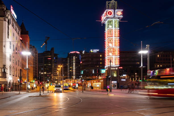 Night view of Jernbanetorget square, Oslo, Norway.