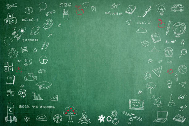istock Doodle on green school teacher's chalkboard background with blank copyspace for childhood imagination and education success concept 1131900481