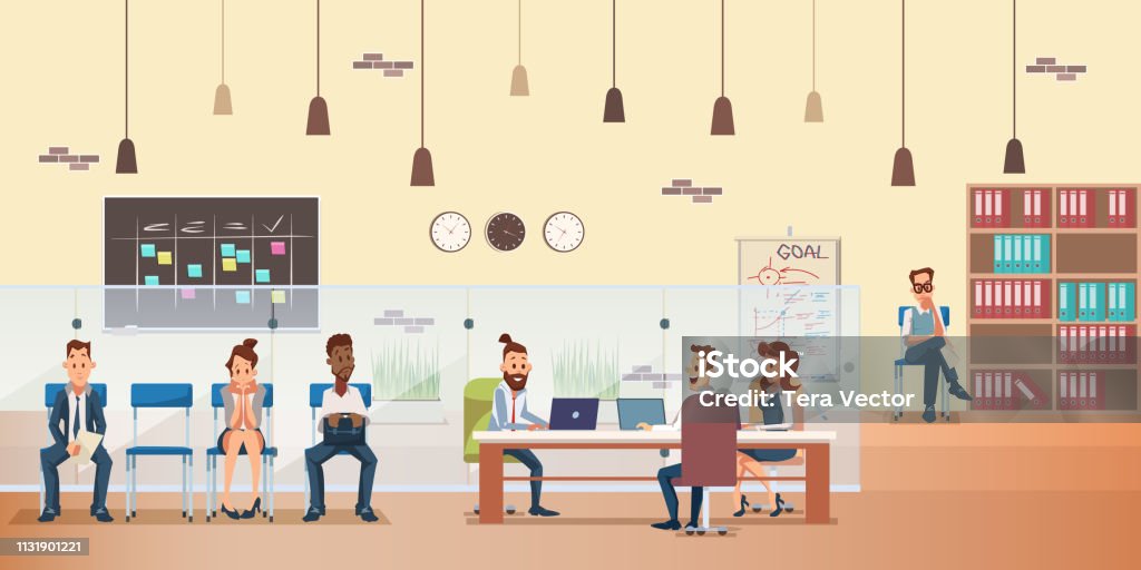 Employee Queue People Work By Desk At Office Stock Illustration ...