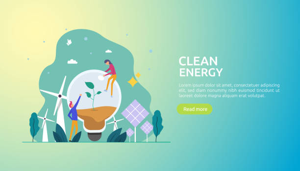 green clean energy sources. renewable electric sun solar panel and wind turbines. environmental concept with people character. web landing page template, banner, presentation, social, and print media. green clean energy sources. renewable electric sun solar panel and wind turbines. environmental concept with people character. web landing page template, banner, presentation, social, and print media zero waste illustrations stock illustrations