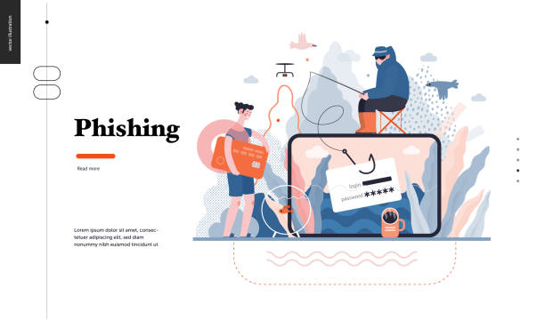Technology topic illustration Technology 3 - Phishing - flat vector concept digital illustration of phishing scam metaphor. Hacker fraud protection, password steal, data phishing. Creative landing web page design template fraud protection stock illustrations