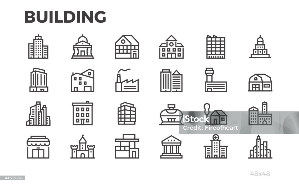 Building icons. City, house, home, architecture, office, real estate  and others symbols. Editable line. Pixel perfect. Icon stock vector