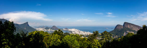 istock Beautiful PANORAMIC landscape with rainforest, city district (Leblon, Ipanema, Botafogo), Lagoon Rodrigo de Freitas and mountains (corcovado, sugarloaf, two brothers ) seen from Vista Chinesa in Tijuca Forest, Rio de Janeiro, Brazil 1131905955