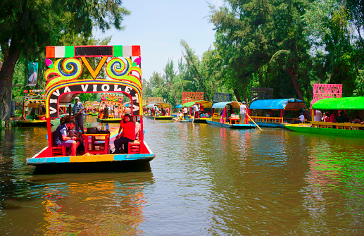 Mexico City, Mexico - May 14, 2018: Trajinera boats in the canals of Xochimilco, in a sunny afternoon of spring. Colorful trajineras or boats full of tourists take a tour on Lake Xochimilco channels. UNESCO World Heritage Site in Mexico City.