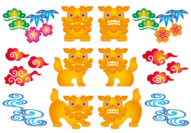 Set of Okinawa illustrations. Okinawa house of guardian angel "Shisa" Okinawa is the southernmost prefecture of Japan. japanese angel stock illustrations
