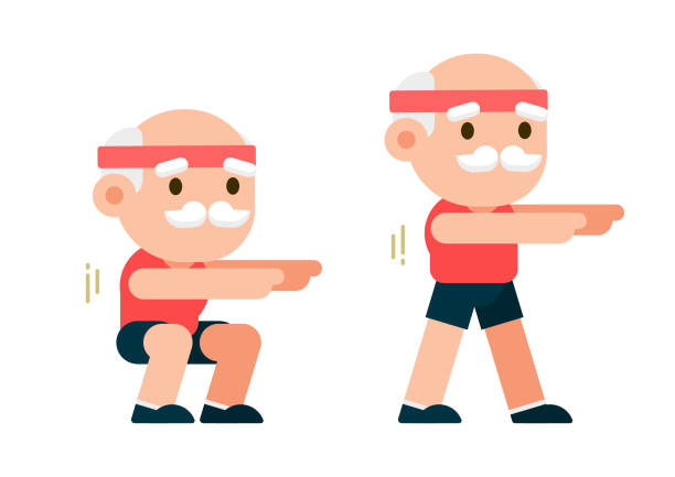 Elderly man doing exercises, senior man workout, healthy lifestyle concept, flat vector illustration. Elderly man doing exercises, senior man workout, healthy lifestyle concept, flat vector illustration. stubble stock illustrations