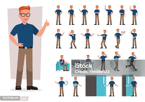 istock set of man working in office and presentation in various action. 1131918409