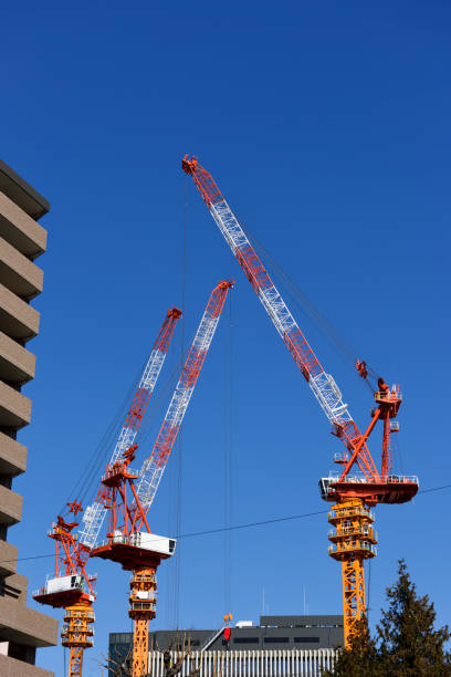 Crane works to erect the steel structure of a new building.