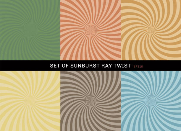 ilustrações de stock, clip art, desenhos animados e ícones de set of starburst twist background retro style. collection of abstract sunburst ray radial green, yellow, blue, brown, orange, backgrounds. - set blue brown green