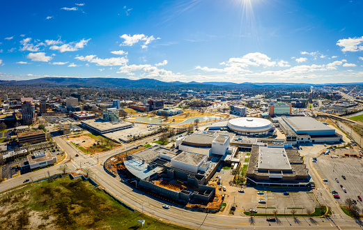 Downtown Huntsville, aerial view overlooking Big Spring Park, convention center, and nearby office towers. No logos