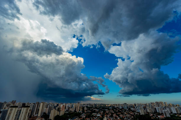 istock Beautiful view of dramatic dark stormy sky. 1131931341