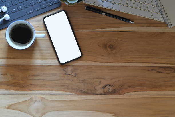 istock Top view wood workspace desk with copy space 1131933313