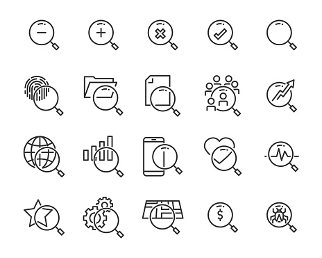 set of search icons, such as zoom, find, check, aim, target, discovery
