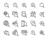 set of search icons, such as zoom, find, check, aim, target, discovery