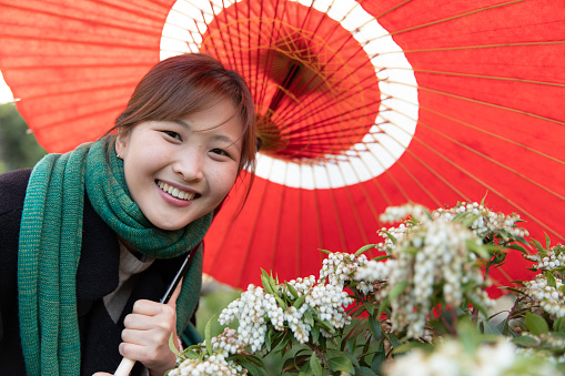 Korean woman putting up Japanese umbrella