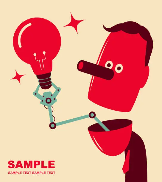 Vector illustration of Robotic arm from man's open mouth holding an idea light bulb