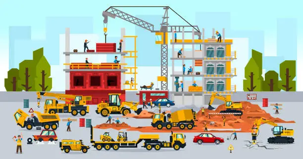 Vector illustration of Construction site, the work of a large group of builders, building a house. A set of service vehicle, repair, cars, crane. Vector illustration, a flat style.