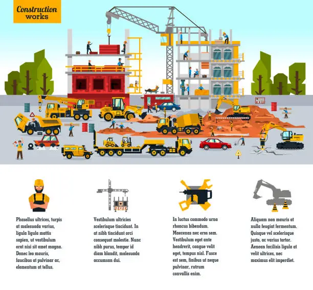 Vector illustration of Construction site, the work of a large group of builders, building a house. A set of service vehicle, repair, cars, crane. Business, infographic, icons. Vector illustration, a flat style.