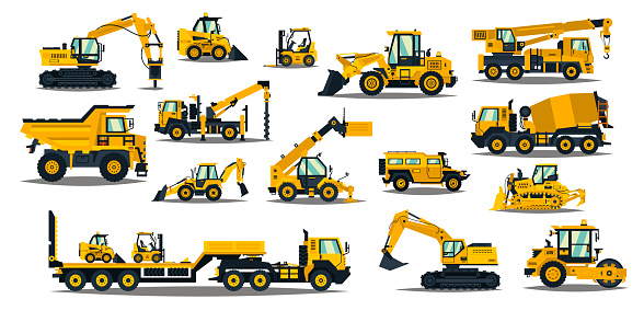 A large set of construction equipment in yellow. Special machines for the building work. Forklifts, cranes, excavators, tractors, bulldozers, trucks, cars, concrete mixer, trailer. Vector illustration