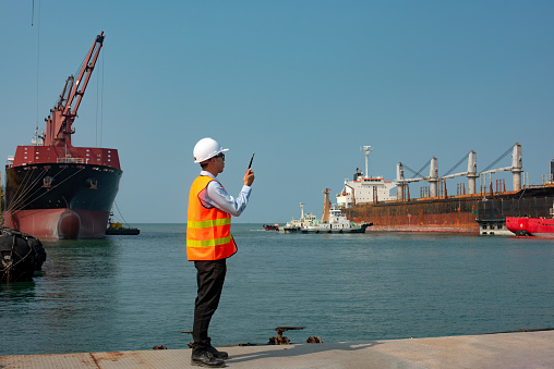 pilot or harbor master, port control or supervisor in command to takes the commcercial ship berthing alongside terminal for operation in wharf, tugs boat assist for safety circumstance in terminal