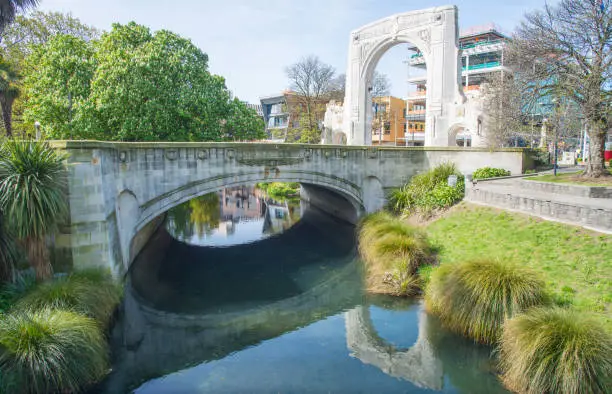 Photo of Cityscape of Christchurch downtown and The Bridge of Remembrance reflection on Avon river in Christchurch, New Zealand.