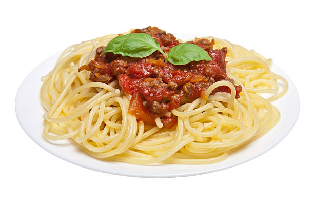 spaghetti bolognese isolated stock photo