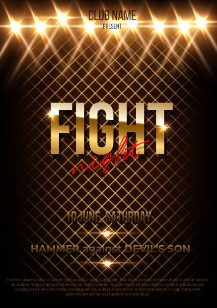 Fight night vector poster template with text space Fight night vector poster template with text space. MMA, wrestling, boxing banner layout with copyspace. Spotlights, projectors effect. Glossy, shiny, stylized lettering. Championship, competition boxing stock illustrations