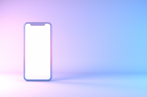 Smartphone, mockup, template for mobile application presentation on neon color background.