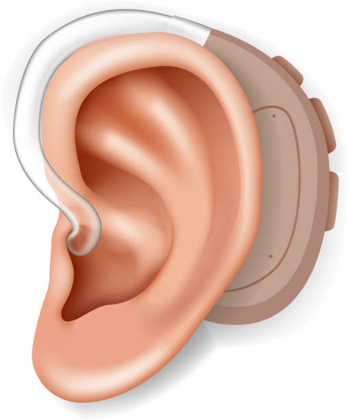 hörgerät-aerophon hinter dem ear organ human health care nahaufnahme realistisch 3d isoliert auf weißen icon design vektordarstellung - audible stock-grafiken, -clipart, -cartoons und -symbole