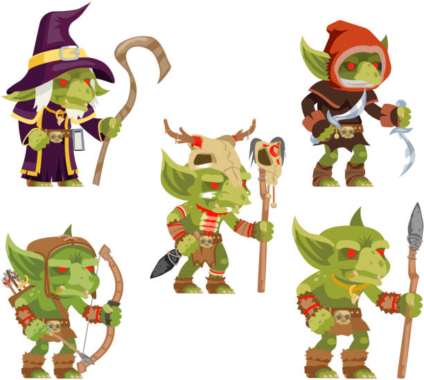 böse kobolde packen dungeon dunklen holz-stämme monster minion armee fantasy mittelalterlichen aktion rpg-spielfiguren isolierte ikonen setzen vektorillustration - goblin stock-grafiken, -clipart, -cartoons und -symbole